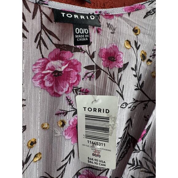 Torrid Plus Gray Pink Floral Lurex Sheer Duster Kimono Swim Cover-Up 00/0 NEW - Picture 4 of 5